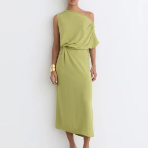 Reiss Green Beth Off-Shoulder Tuck-Detail Midi Dress
